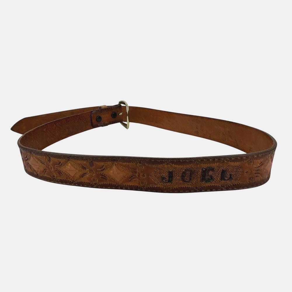 Vintage Hand Tooled Leather Belt Mens Size 33.5 Joel Name Brown Western Cowboy